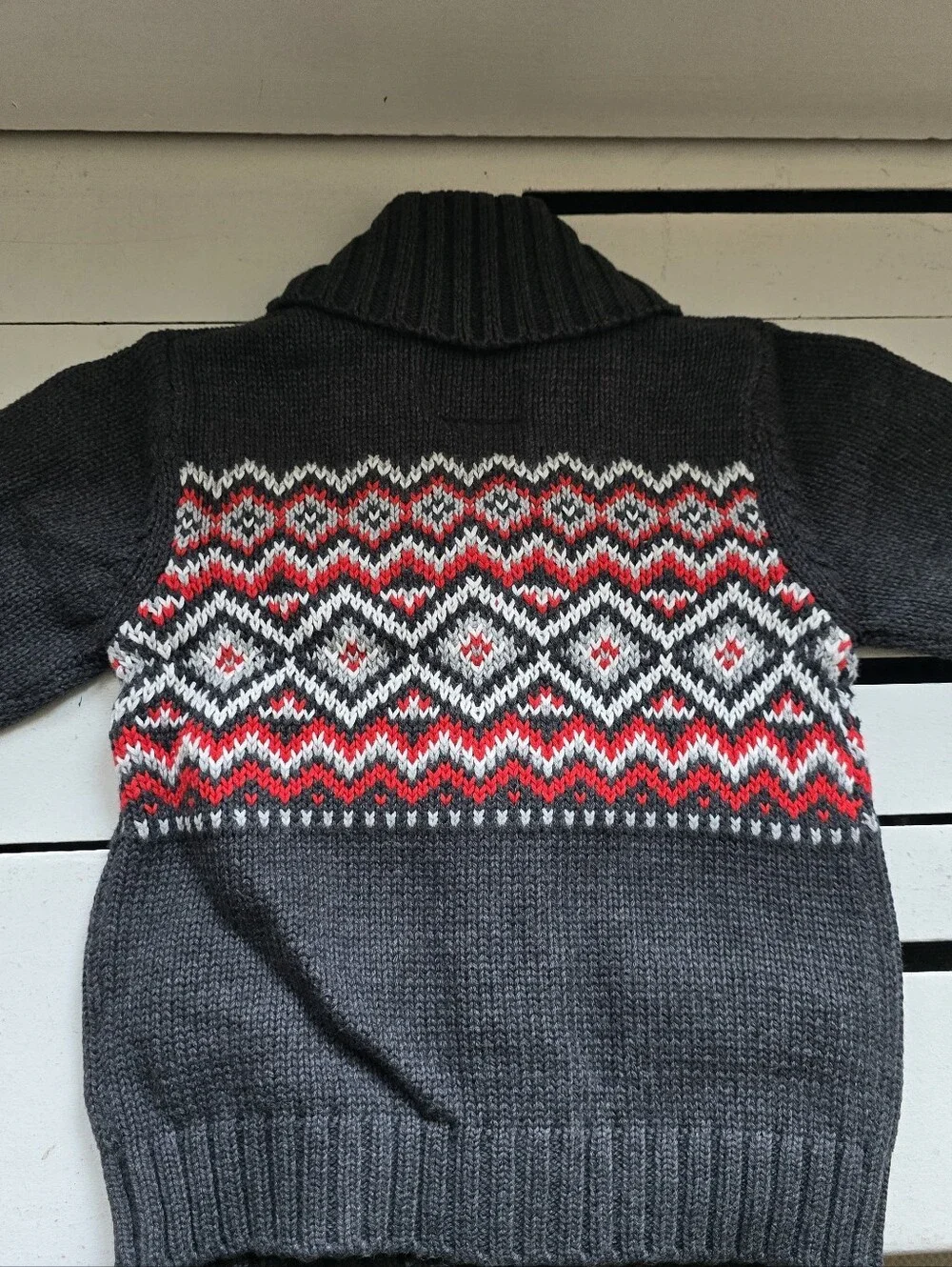 OshKosh B'gosh Gray Knit Cardigan with Red and White Fair Isle